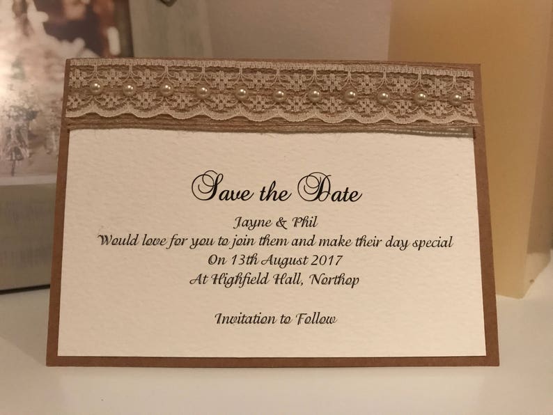 Save The Date Wedding Cards Rustic Burlap Hessian with Vintage Lace & Pearls The Rustic Collection image 1