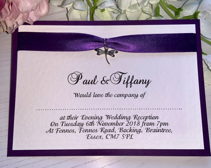 10 Wedding Invitations - A6 Postcard Style - Purple - Ribbon with Silver Dragonfly Charm