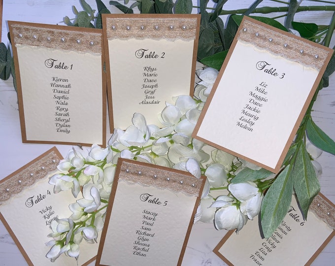 Wedding Seating Plan Cards - Ready for you to mount on mirror/board or place in stands - Rustic Pearls & Lace