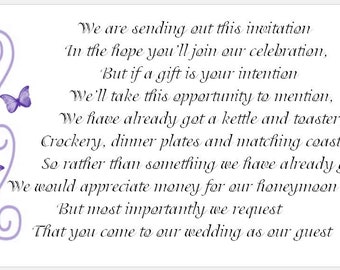 Wedding Poem Cards - Butterfly Scroll Design - Requesting Cash Toward Honeymoon instead of gift list - To Accompany Invites