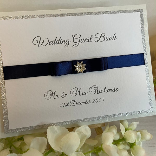 Wedding Guest Book - Personalised - Snowflake with Double Bow - Navy - Mr and Mrs, Mr and Mr, Mrs and Mrs. Other colours available