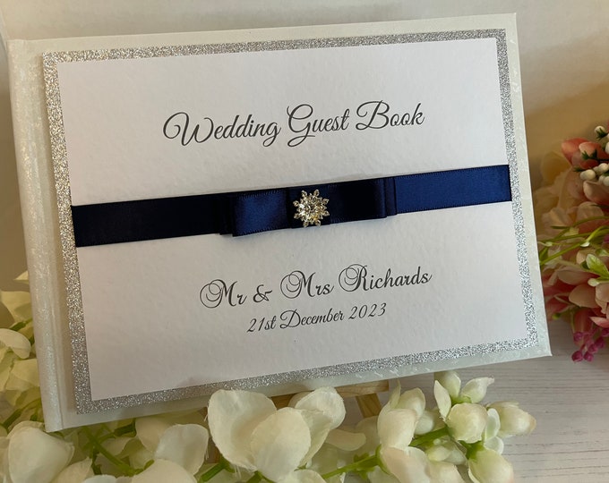 Wedding Guest Book - Personalised - Snowflake with Double Bow - Navy - Mr and Mrs, Mr and Mr, Mrs and Mrs. Other colours available