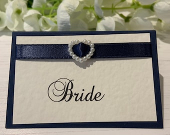 Wedding Place Cards Personalised with your Guest Names - Pearl Heart Slider - Backed with Navy Card