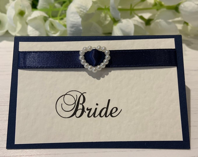 Wedding Place Cards Personalised with your Guest Names - Pearl Heart Slider - Backed with Navy Card