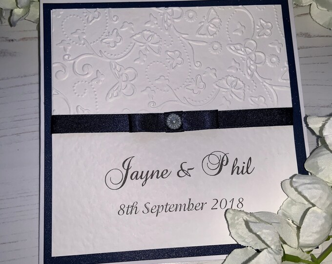 Wedding Invites - The Butterfly Collection - Embossed with Navy Ribbon & Pearl Button Embellishment - Folded