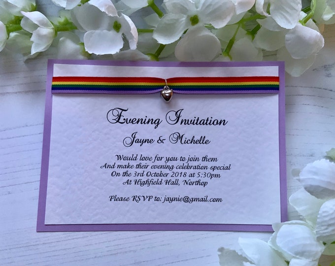 10 LGBT Wedding Invites - Pride Ribbon and Heart Charm - Personalised with Envelopes