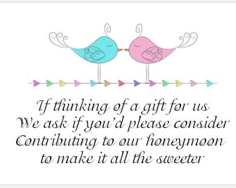 Wedding Poem Cards - 2 Love Birds Design - Requesting Cash Toward Honeymoon instead of gift list - To Accompany Invites