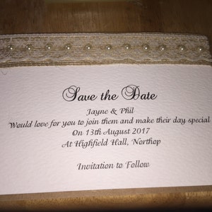 Save The Date Wedding Cards Rustic Burlap Hessian with Vintage Lace & Pearls The Rustic Collection image 5