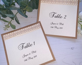 Table Number/Name  Cards - Rustic Style with Crochet Style Cream Lace - Double Sided - Personalised