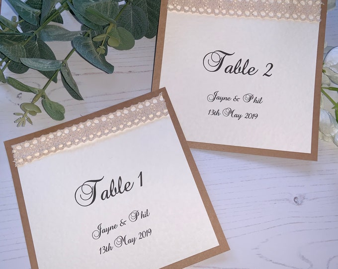 Table Number/Name  Cards - Rustic Style with Crochet Style Cream Lace - Double Sided - Personalised
