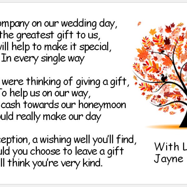 Wedding Poem Cards - Tree Designs - Requesting Cash Toward Honeymoon instead of gift list - To Accompany Invites
