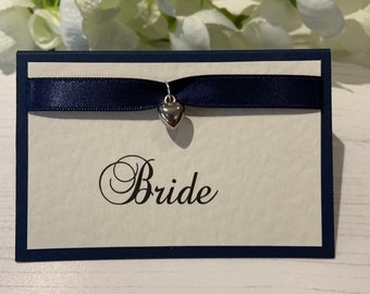 Wedding Place Cards Personalised with your Guest Names - Heart Charm - Backed with Navy Card