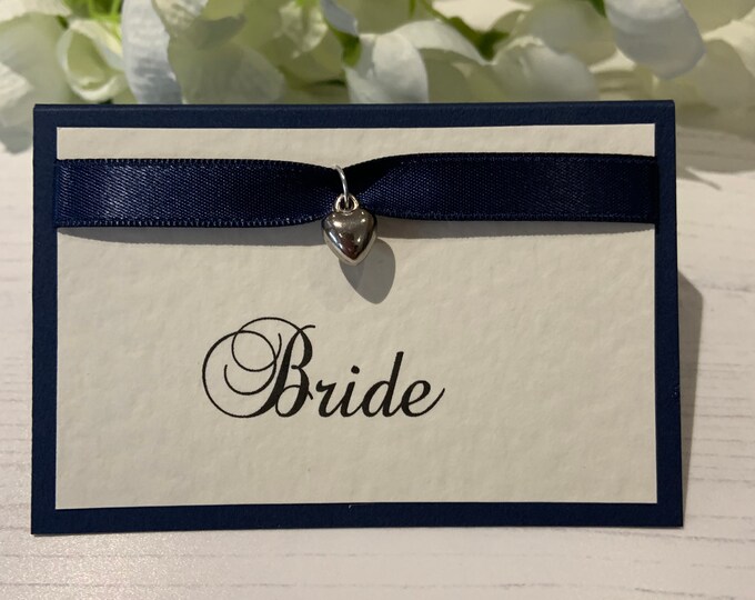 Wedding Place Cards Personalised with your Guest Names - Heart Charm - Backed with Navy Card