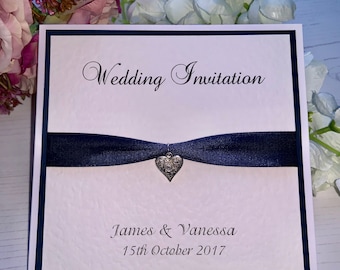 Wedding Invites - Navy Ribbon with Silver Patterned Heart Charm - Side Fold Card with Envelope