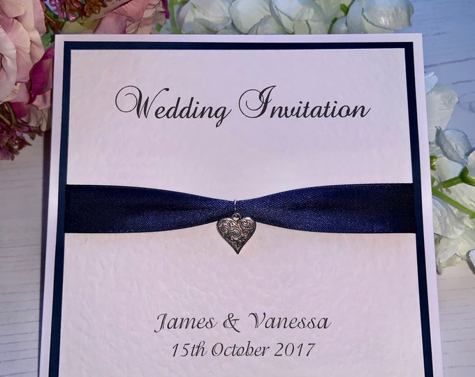 Wedding Invites - Navy Ribbon with Silver Patterned Heart Charm - Side Fold Card with Envelope