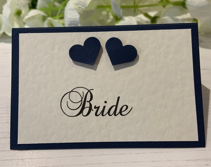 Wedding Place Cards Personalised with your Guest Names - Romantic Collection - Backed with Navy Card