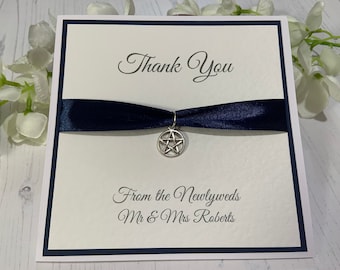 Wedding Thank You Cards -  Navy Ribbon & Pentagram Charm
