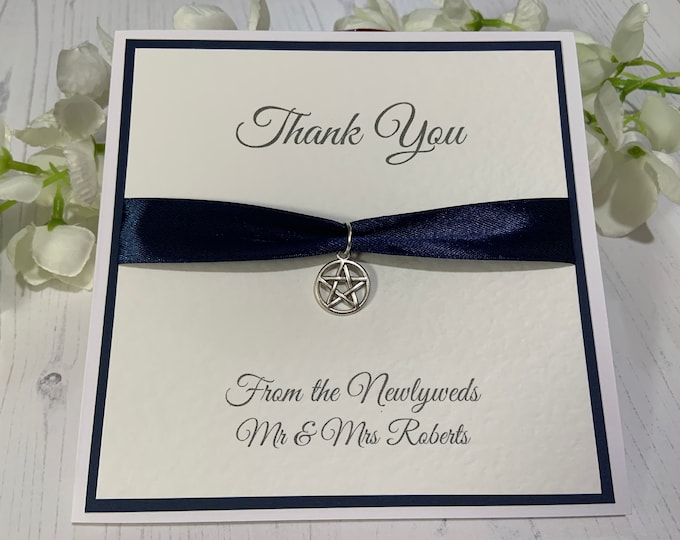 Wedding Thank You Cards -  Navy Ribbon & Pentagram Charm