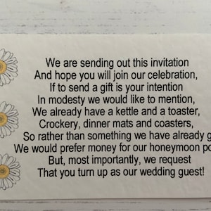 Cartes poème de mariage - Triple Daisy Design - Demande d’argent vers la lune de miel au lieu de la liste de cadeaux - Pour accompagner invite