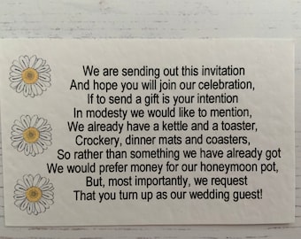 Wedding Poem Cards - Triple Daisy Design - Requesting Cash Toward Honeymoon instead of gift list - To Accompany Invites