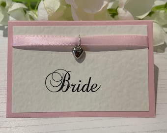 Wedding Place Cards Personalised with your Guest Names - Heart Charm - Backed with Pink Card