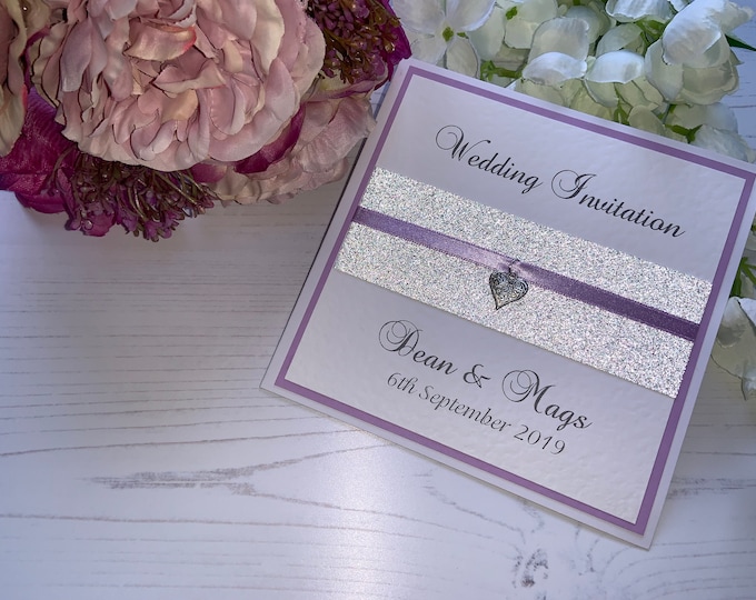 Wedding Invites - Lilac Ribbon with Silver Patterned Heart Charm - Side Fold Card with Envelope