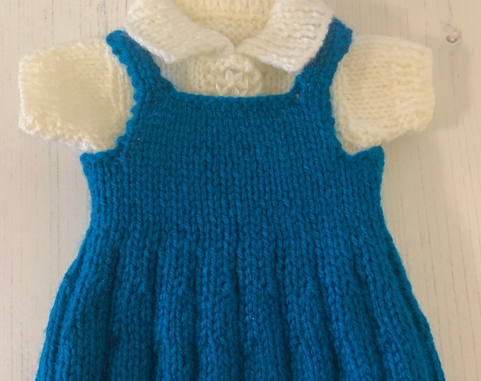 Handmade Knitted 2 Piece Baby Doll Pinafore Dress & White Polo Shirt to fit 12-14" in Blue