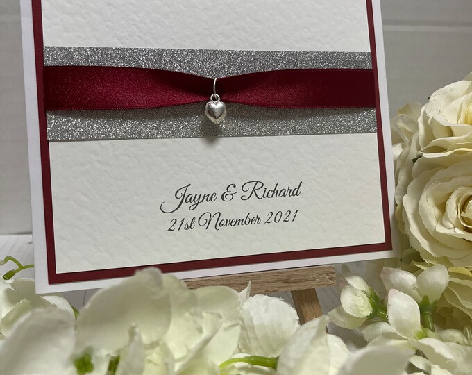 Wedding Invites - Silver Glitter Band with Heart Charm and Red Ribbon - Side Fold Card with Envelope