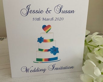 LGBT Wedding Invitations - Square Folded Card - Rainbow Wedding Cake with Heart Topper