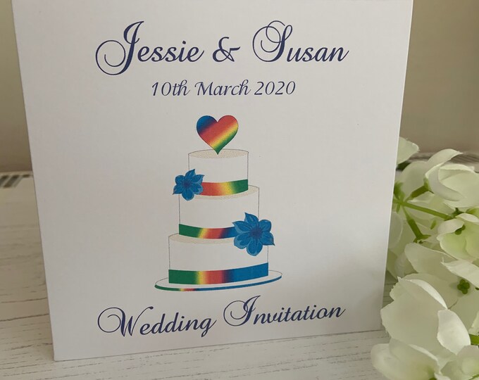 LGBT Wedding Invitations - Square Folded Card - Rainbow Wedding Cake with Heart Topper