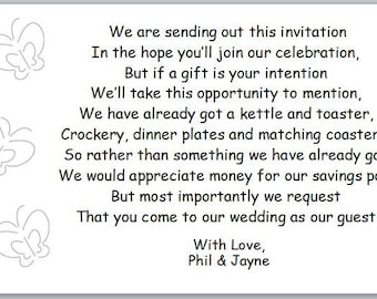 Wedding Poem Cards - Butterfly Outline - Requesting Cash for Savings Pot instead of gift list - To Accompany Invites