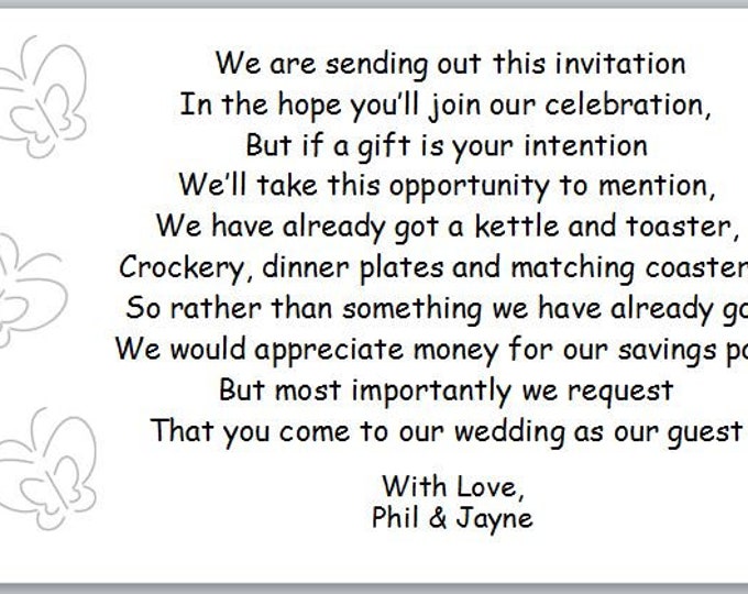 Wedding Poem Cards - Butterfly Outline - Requesting Cash for Savings Pot instead of gift list - To Accompany Invites
