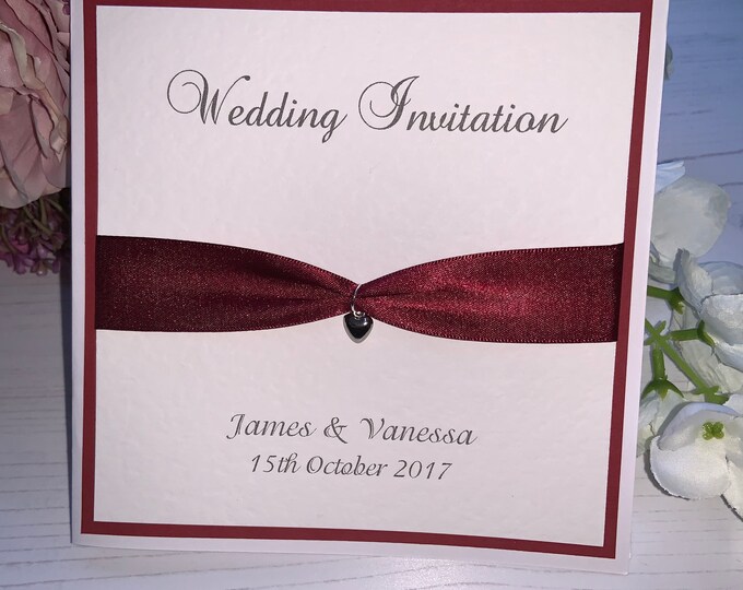 Wedding Invites - Burgundy Ribbon with Silver Heart Charm - Side Fold Card with Envelope