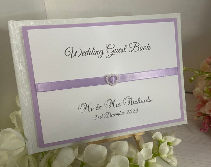 Wedding Guest Book - Personalised - Lilac Ribbon with Pearl Heart Slider - Mr and Mrs, Mr and Mr, Mrs and Mrs. Other colours available