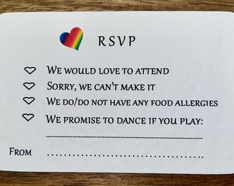 RSVP Cards - Pride Hearts Design - With or Without Envelopes - Cards to Accompany your Wedding Invites