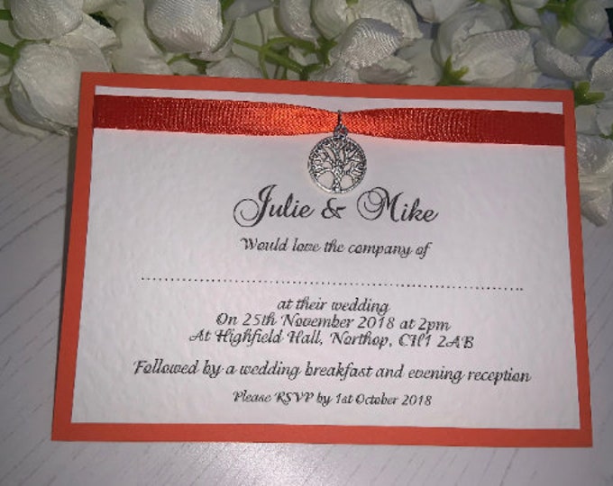 Wedding Invitations - A6 Postcard Style - Orange Ribbon with Silver Tree Charm - Daytime or Evening