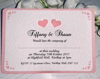 Wedding Invitations - A6 Postcard Style - Pink Hearts - Romantic Collection