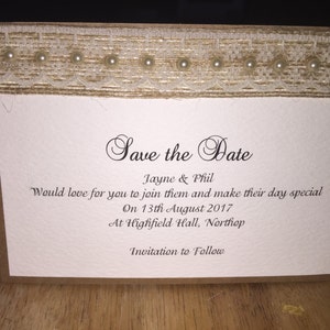 Save The Date Wedding Cards Rustic Burlap Hessian with Vintage Lace & Pearls The Rustic Collection image 4
