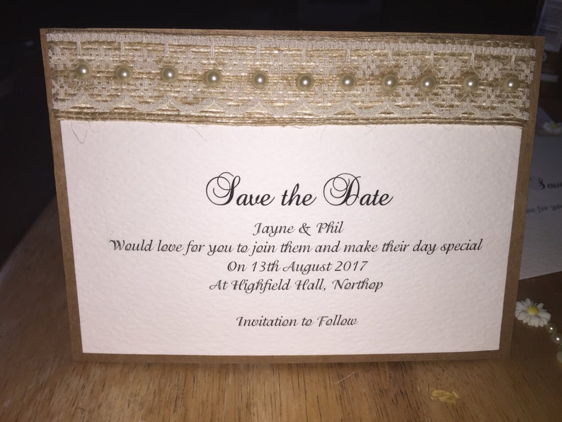 Save The Date Wedding Cards Rustic Burlap Hessian with Vintage Lace & Pearls The Rustic Collection image 4