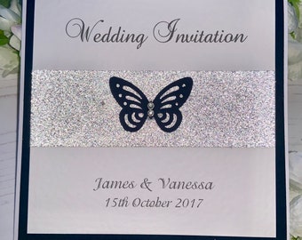 Wedding Invites - The Butterfly Collection - Butterfly Embellishment with Pearls & Sparkly Band - Flat or Folded