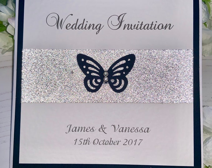 Wedding Invites - The Butterfly Collection - Butterfly Embellishment with Pearls & Sparkly Band - Flat or Folded