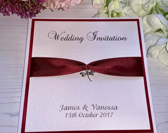 Wedding Invites - Burgundy Ribbon with Silver Dragonfly Charm - Side Fold Card with Envelope