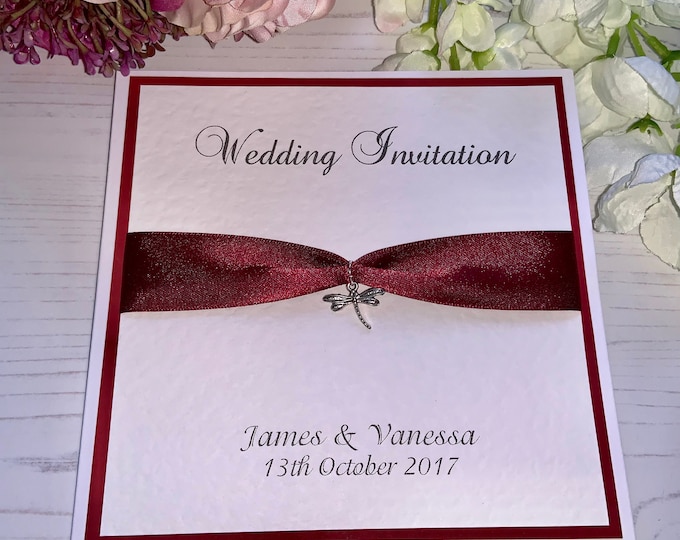 Wedding Invites - Burgundy Ribbon with Silver Dragonfly Charm - Side Fold Card with Envelope