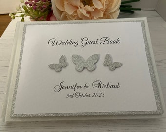 Wedding Guest Book - Personalised - Silver Butterfly Design - Mr and Mrs, Mr and Mr, Mrs and Mrs