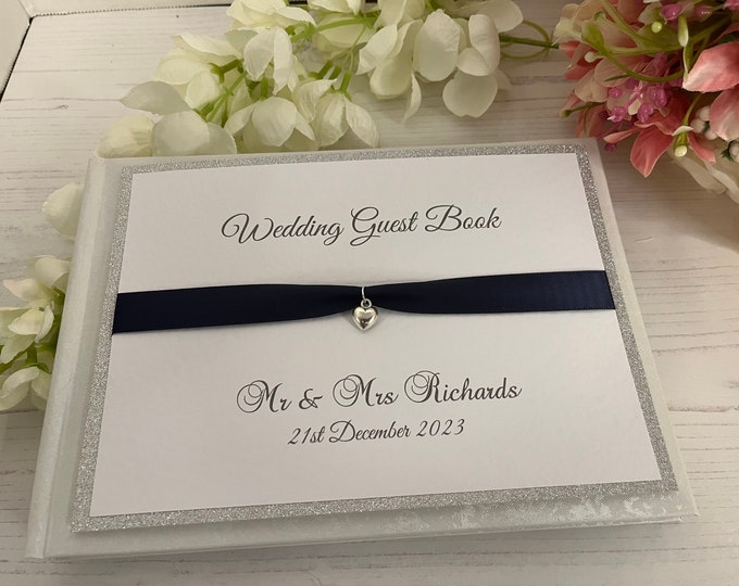Wedding Guest Book - Personalised - Navy Ribbon with Heart Charm - Mr and Mrs, Mr and Mr, Mrs and Mrs. Other colours available