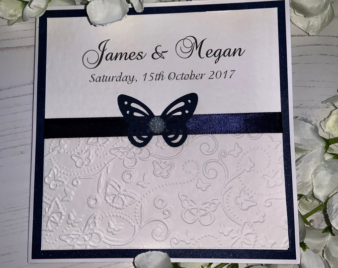Wedding Invites - The Butterfly Collection - Embossed Design with Navy Butterfly Embellishment and Matching Ribbon - Flat or Folded