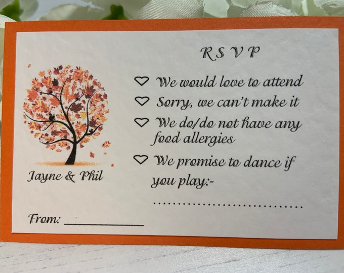 RSVP Cards - Tree Designs - With or Without Envelopes - Cards to Accompany your Wedding Invites - Orange