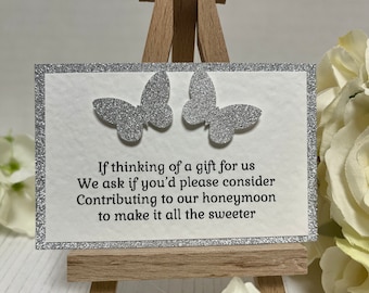 Wedding Poem Cards Requesting Cash Towards Honeymoon - 2 Silver Butterflies
