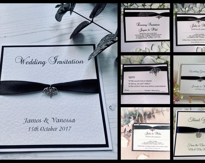 Bat or Pentagram Charm Wedding Collection - Invites/RSVP/Guest Book/Signage/Thank You - all suitable for gothic/wicca themed wedding