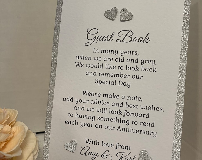 Wedding Guest Book Sign - Silver Hearts - With or Without Easel Stand